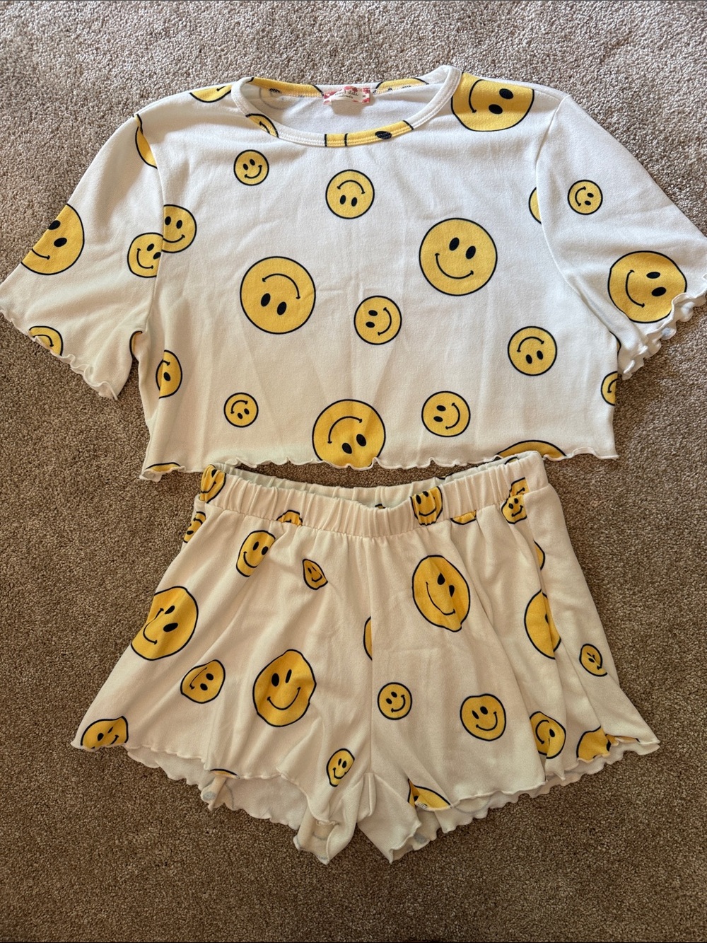 Altar’d Smiley Face Short Sleep Set – White and Yellow Women’s Pajama Lounge Set